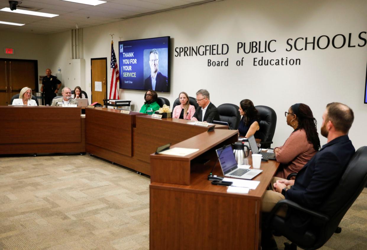 Scott Crise thanks the rest of the Springfield school board during his final meeting April 9.