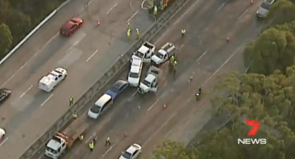 Seven vehicles are believed to have been involved in a pile-up on Mooney Mooney Creek Bridge in Sydney’s north. Source: 7News