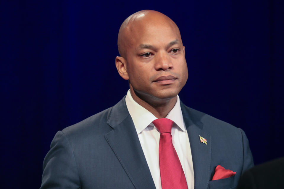 Wes Moore, a best-selling author and former CEO of the Robin Hood Foundation, stands at a podium just before a debate at Maryland Public Television's studio in Owings Mills, Md., June 6, 2022. One of the best opportunities for Democrats to regain a governor’s office this year is in Maryland, and the race to succeed term-limited Republican Larry Hogan has drawn a crowd of candidates. (AP Photo/Brian Witte)