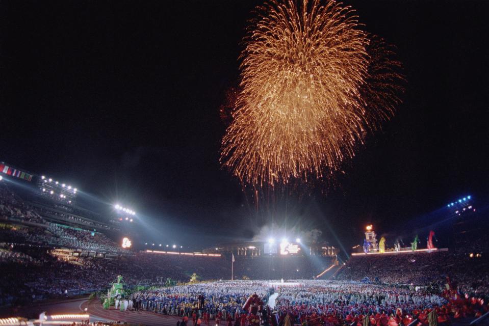 Fireworks explode during the Opening Ceremonies of the 1996 Olympic Games on July 19, 1996 at Olympic Stadium in Atlanta, Georgia.