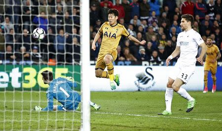 Britain Soccer Football - Swansea City v Tottenham Hotspur - Premier League - Liberty Stadium - 5/4/17 Tottenham's Son Heung-min scores their second goal Action Images via Reuters / Andrew Couldridge Livepic