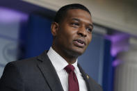 FILE - Environmental Protection Agency administrator Michael Regan speaks during a press briefing at the White House in Washington, on May 12, 2021. The Environmental Protection Agency has designated two "forever chemicals" that have been used in cookware, carpets and firefighting foams as hazardous substances.(AP Photo/Evan Vucci, File)