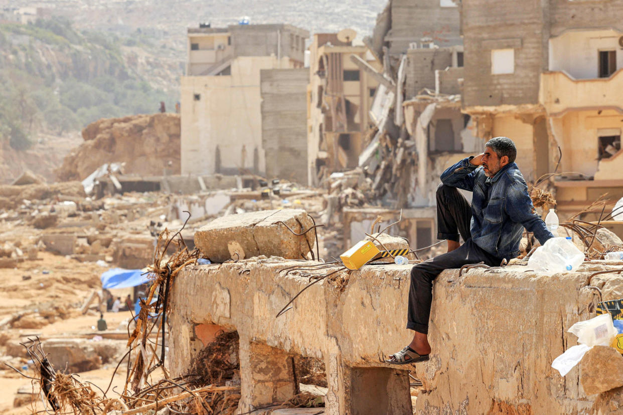 A week after a tsunami-sized flash flood devastated the Libyan coastal city of Derna, sweeping thousands to their deaths, the international aid effort to help the grieving survivors slowly gathered pace.  (Karim Sahib / AFP - Getty Images)