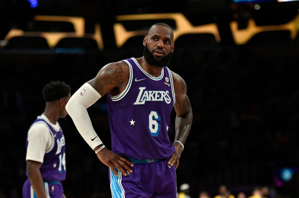 LeBron James #6 of the Los Angeles Lakers reacts in the closing seconds of the game against the New Orleans Pelicans at Crypto.com Arena on April 1, 2022 in Los Angeles, California. The Pelicans won 114-111.