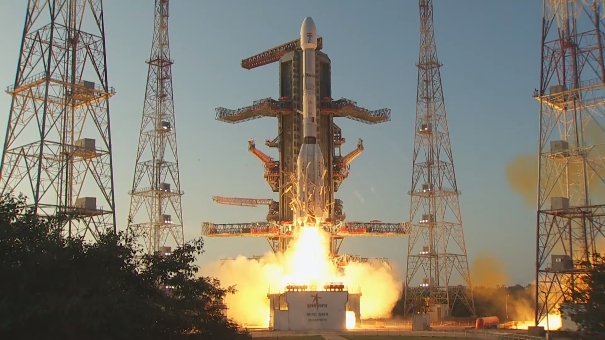  An Indian Space Research Organisation GLSV-F14 rocket launches the powerful INSAT-3DS weather satellite to orbit from Satish Dhawan Space Centre on Sriharikota, India on Feb. 17, 2024 local time. 