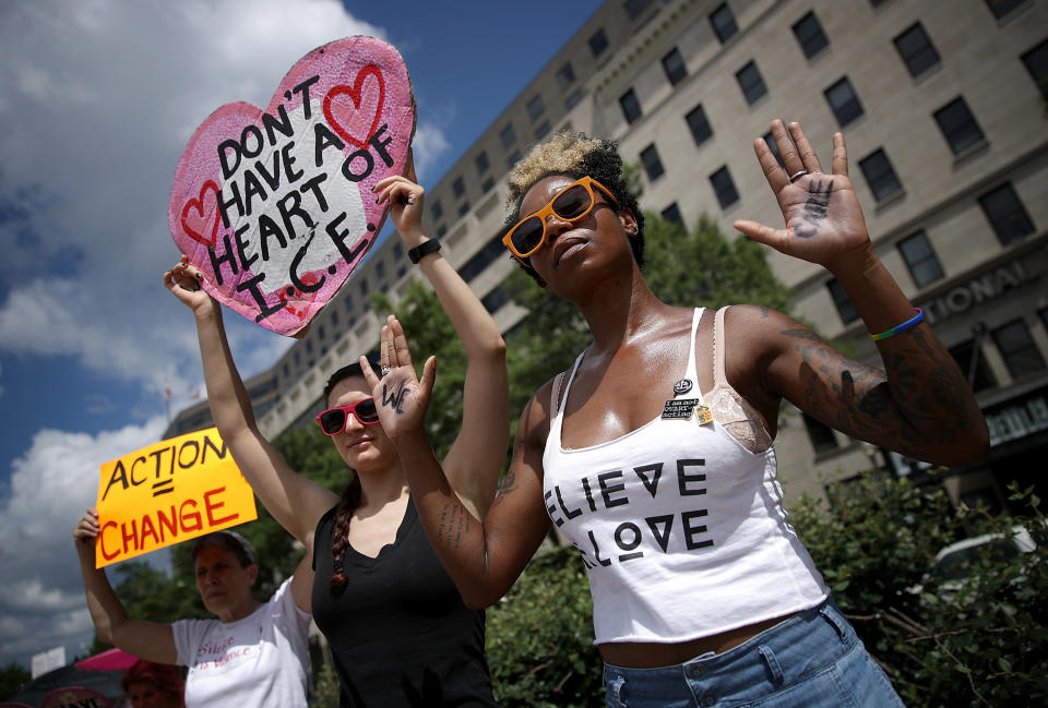 <p>Protesters demonstrate in Freedom Plaza against family detentions and to demand the end of criminalizing efforts of asylum seekers and immigrants June 28, 2018 in Washington, D.C. (Photo: Win McNamee/Getty Images) </p>