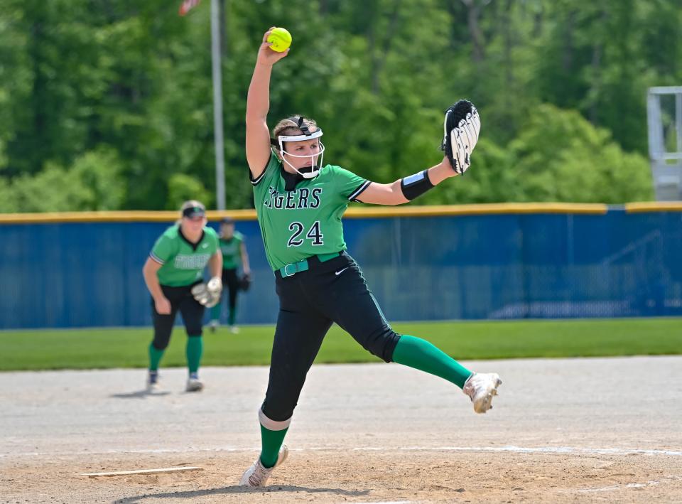 Yorktown softball's Caitlin LaFerney pitching in the IHSAA Class 3A Delta sectional championship on Saturday, May 27, 2023.