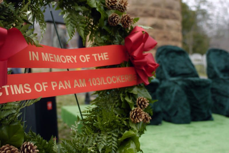 A memorial wreath is seen at the 19th anniversary memorial service for the victims of Pan Am Flight 103 at Arlington National Cemetery in 2007. A miniseries about the terrorist attack that killed 270 people is now in the works at the BBC and Netflix. File Photo by Alexis C. Glenn/UPI