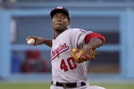 Washington Nationals starting pitcher Josiah Gray throws to the plate during the first inning of a baseball game against the Los Angeles Dodgers Tuesday, July 26, 2022, in Los Angeles. (AP Photo/Mark J. Terrill)