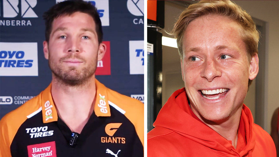 Isaac Heeney (pictured right) has taken a cheeky swipe at the Giants after Toby Greene's (pictured left) social media post mocking the Sydney Swans star. (Images: @GWSGiants/Getty Images)