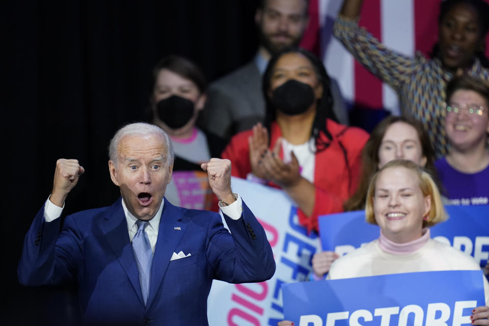 President Joe Biden gestures as he departs after speaking about abortion access during a Democratic National Committee event, Tuesday, Oct. 18, 2022, at the Howard Theatre in Washington. (AP Photo/Patrick Semansky)