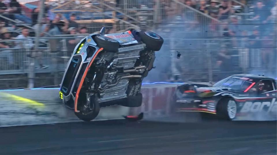Watch an 1,100-HP Ford Mustang Ride the Wall in Wild Formula Drift Crash photo