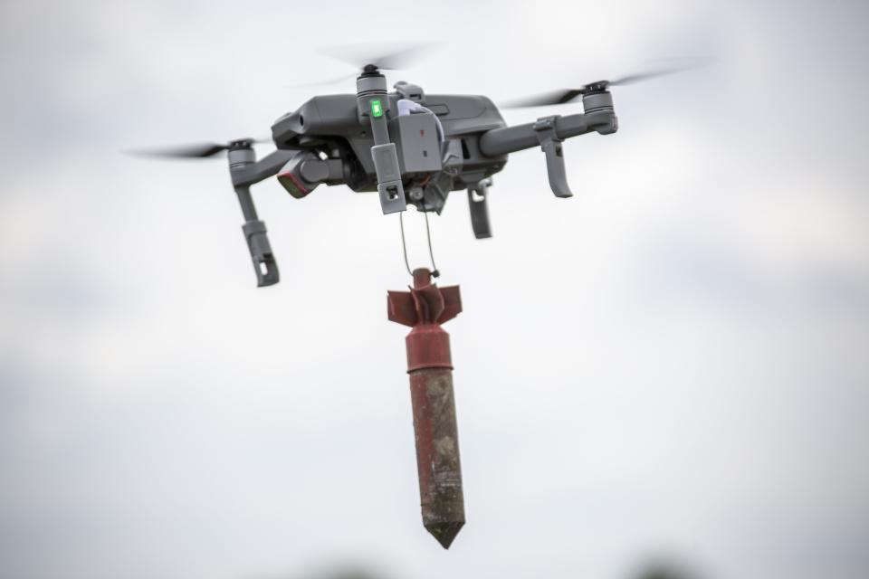 A view of drone hanging a 3D version of an explosive device is used for training Ukrainian servicemen on how to drop explosives devices from a drone in a secret location in Lviv Oblast, Ukraine, on May 12th, 2023.