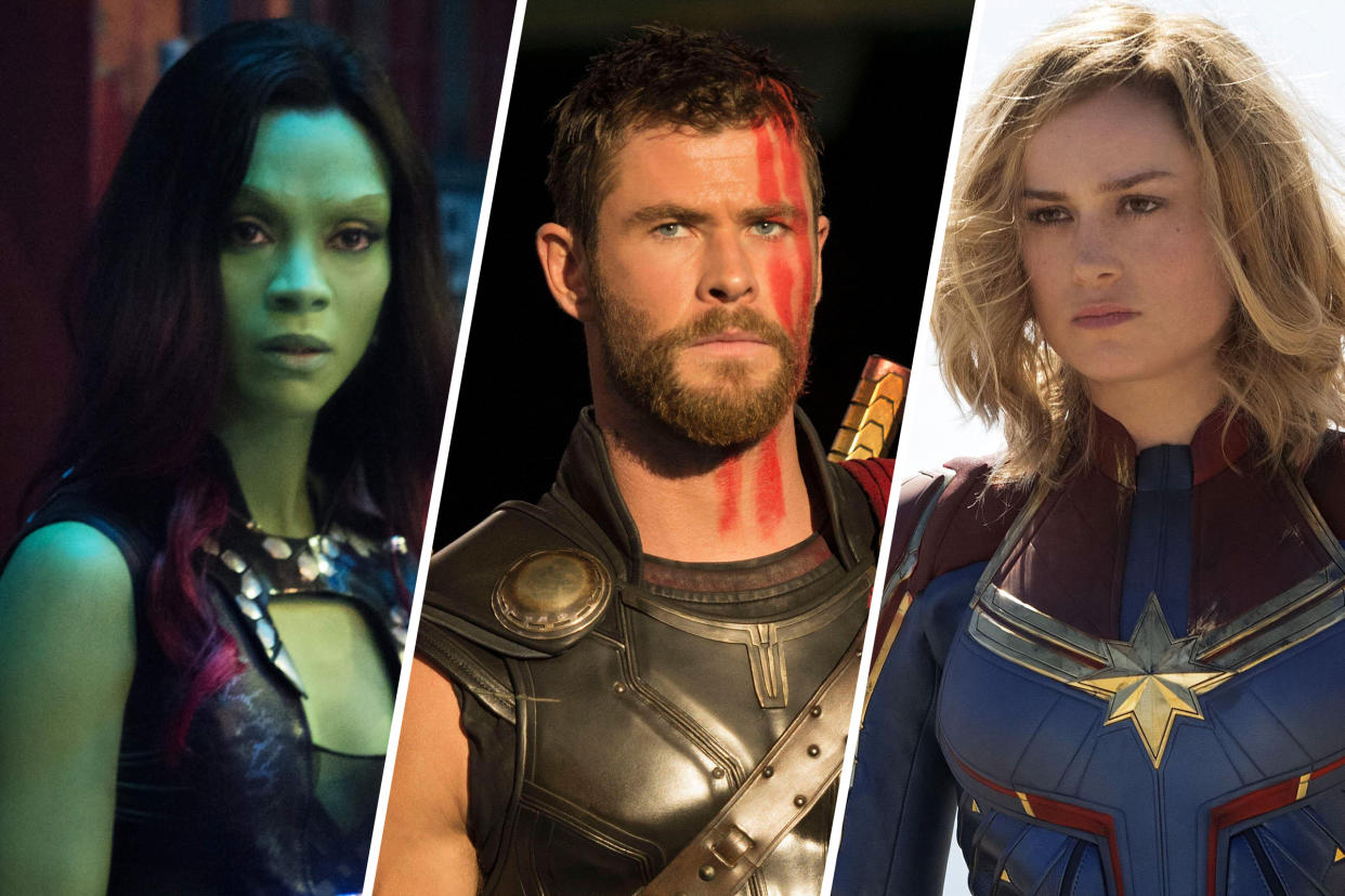 Zoe Saldana as Gamora, Chris Hemsworth as Thor, and Brie Larson as Carol Danvers star in Phase 4 of the Marvel Cinematic Universe.