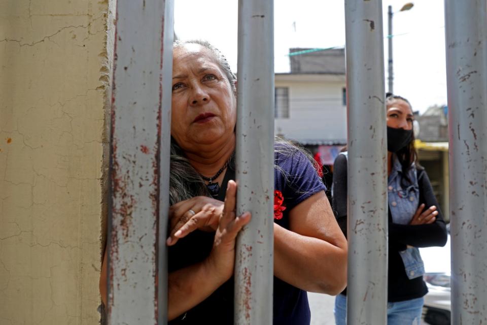 A woman looks through slats in a metal gate