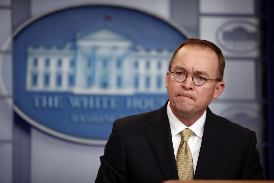 Budget director Mick Mulvaney at a White House press briefing on Saturday. (AP Photo/Alex Brandon)