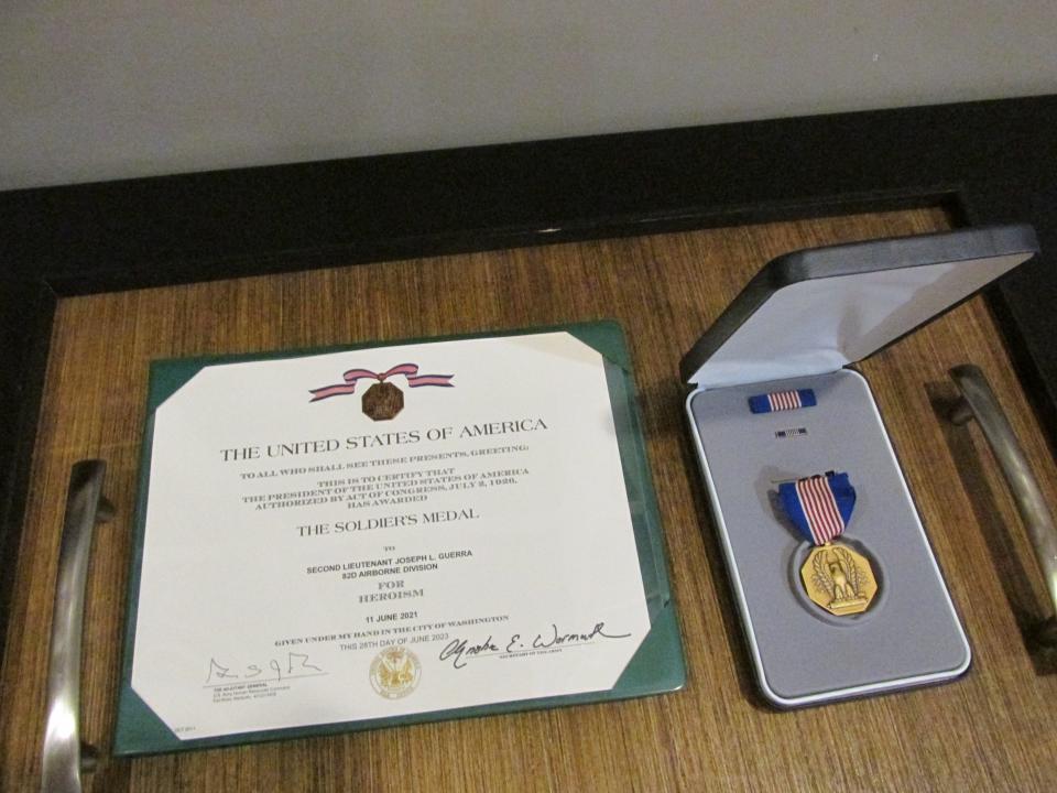 1st. Lt. Joseph Guerra received Soldier's Medal during a ceremony Friday, Aug. 11, 2023, in the 82nd Airborne Division's Hall of Heroes at Fort Liberty for his actions in a June 2021 shooting in Columbus, Georgia.