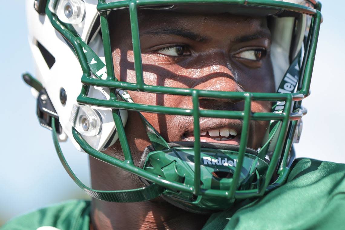 On Wednesday, August 3, 2022 Miami Central High defensive end Rueben Bain keeps his eye on his teammates as he leads the drills during practice.