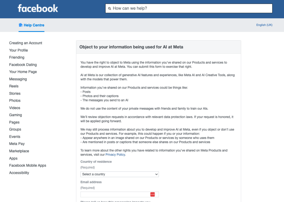 Facebook allows users to request to opt out (Meta) 