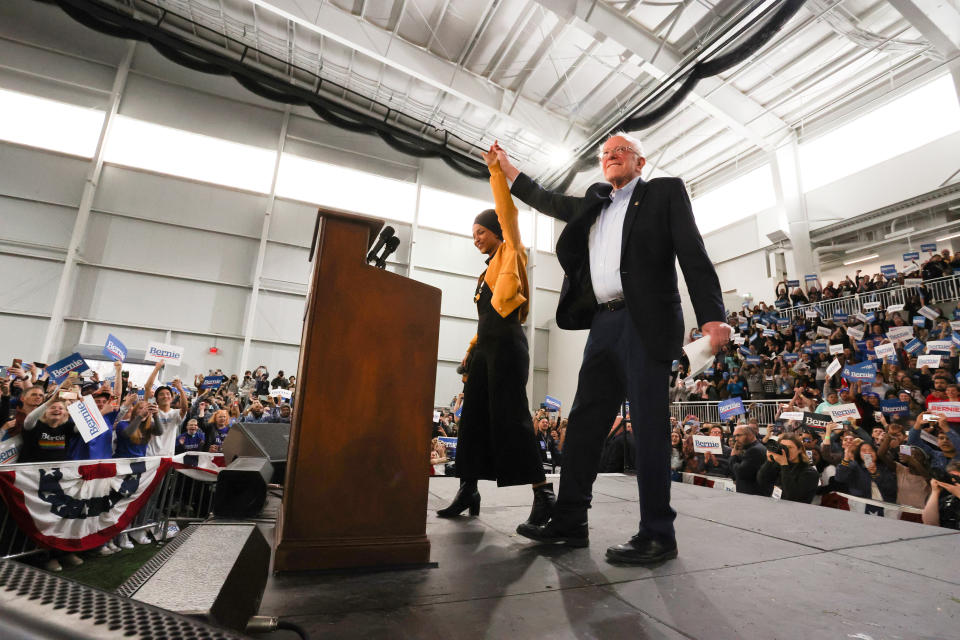 Sen. Bernie Sanders takes the stage Saturday after being introduced by U.S. Rep. Ilhan Omar (D-Minn.) in Springfield, Virginia, ahead of Super Tuesday. (Photo: Jonathan Ernst / Reuters)