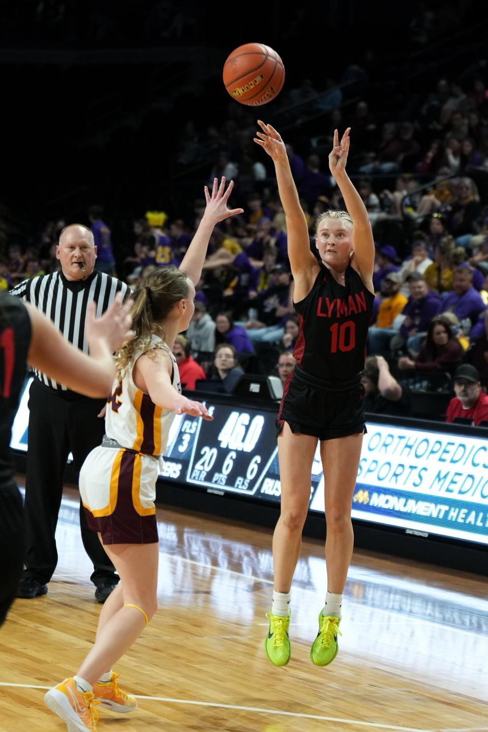 Volmer takes a contested jump shot in the 2024 Class B third place game against Ethan.