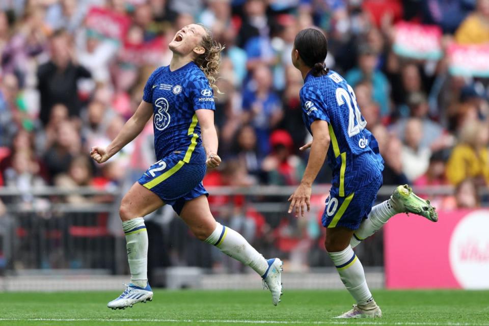 Cuthbert celebrates her strike in last season’s FA Cup final (Getty Images)