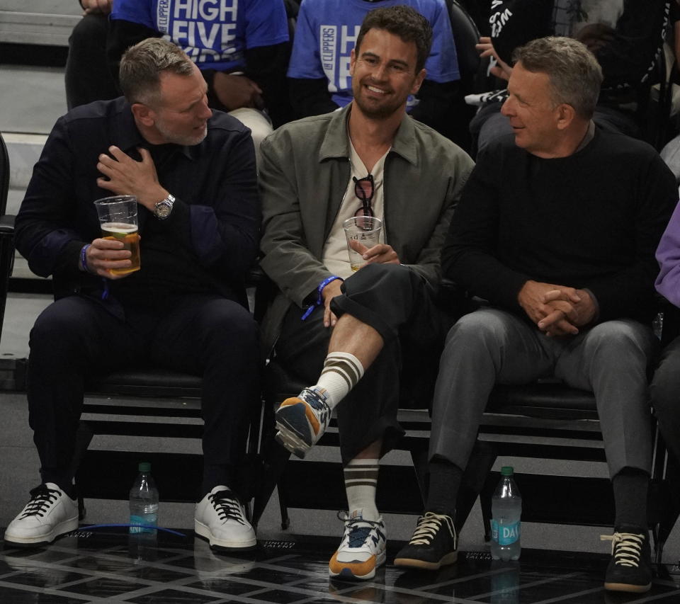 LOS ANGELES, CALIFORNIA - APRIL 23: Theo James (C) seen at game 2 of the 2024 NBA Playoffs between the Los Angeles Clippers and the Dallas Mavericks game at Crypto.com Arena  on April 23, 2024 in Los Angeles, California. (Photo by London Entertainment /GC Images)