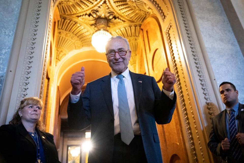 Senate Majority Leader Chuck Schumer (D-NY) gives the thumbs up as he leaves the Senate Chamber after passage of the Inflation Reduction Act at the U.S. Capitol August 7, 2022 in Washington, DC. (Getty Images)