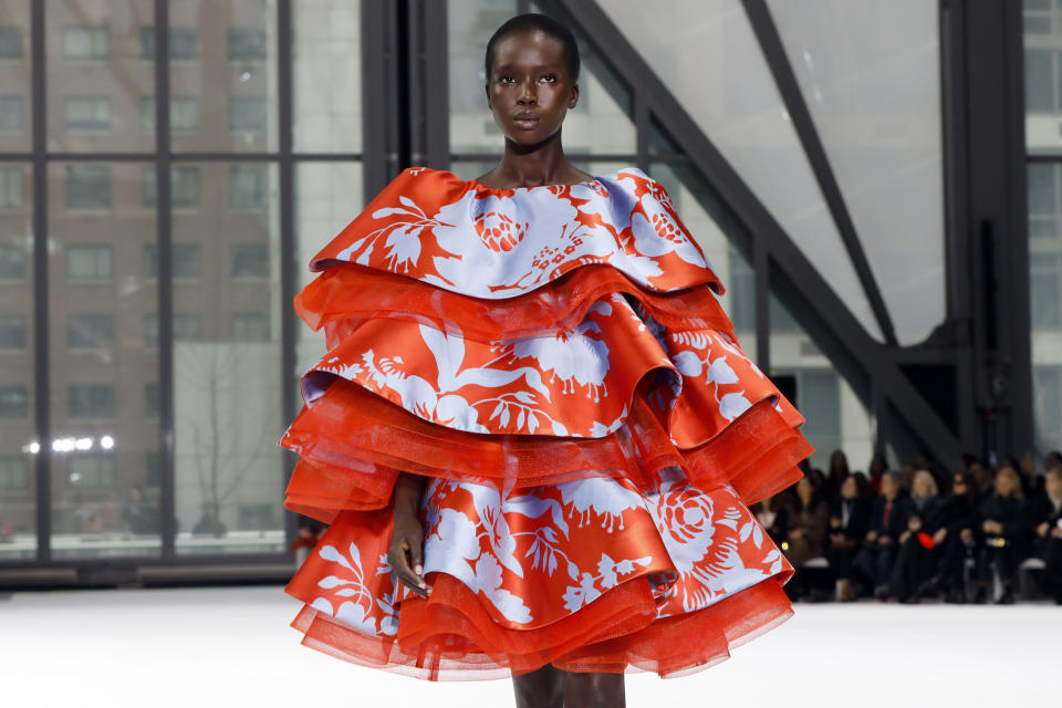 The Carolina Herrera collection is modeled during Fashion Week in New York, Monday, Feb. 10, 2020. (AP Photo/Richard Drew)