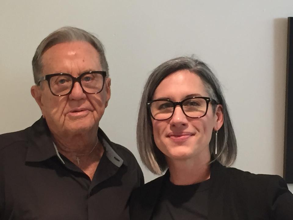 Richard Mellencamp, John's father, poses with Jennifer Beavis, marketing and development director of the Mansfield Art Center.