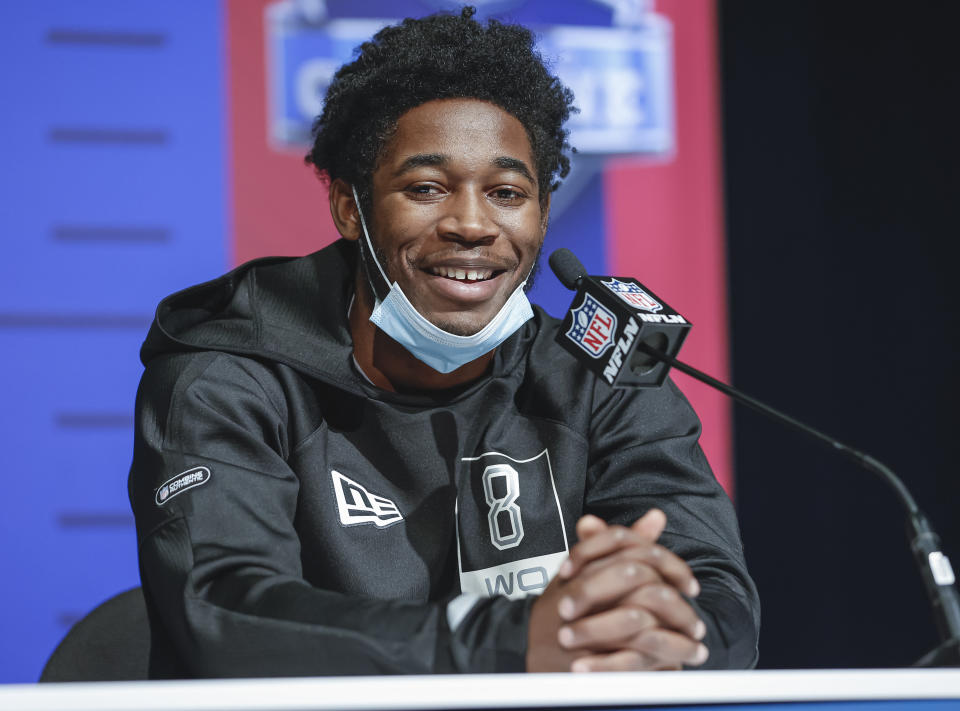 INDIANAPOLIS, IN - MAR 02: Romeo Doubs #WO08 of the Nevada speaks to reporters during the NFL Draft Combine at the Indiana Convention Center on March 2, 2022 in Indianapolis, Indiana. (Photo by Michael Hickey/Getty Images)