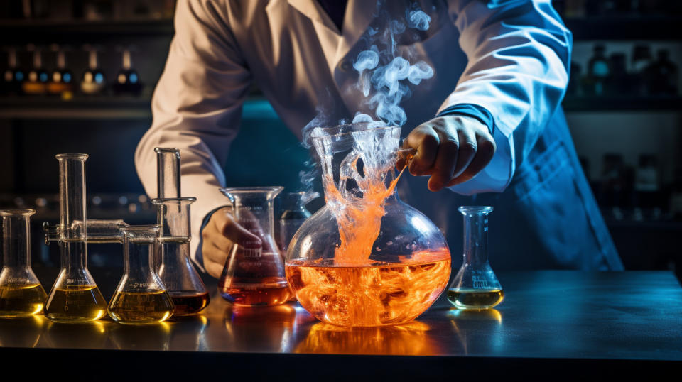 Un técnico de laboratorio vierte una mezcla especial de productos químicos industriales en un vaso de precipitados.