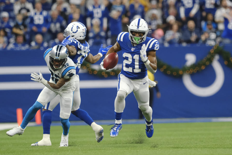 Indianapolis Colts running back Nyheim Hines (21) runs back a punt for a touchdown during the second half of an NFL football game against the Carolina Panthers, Sunday, Dec. 22, 2019, in Indianapolis. (AP Photo/AJ Mast)