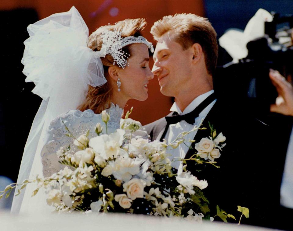 <p>Ron Bull/Toronto Star via Getty</p> Wayne Gretzky and Janet Jones on their 1988 wedding day