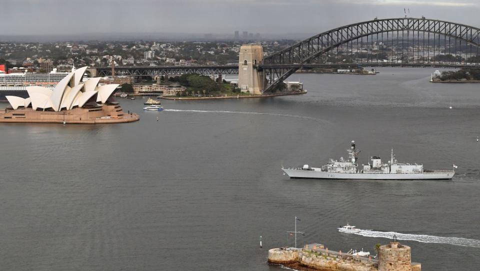 An aerial view of the British Royal Navy Type 23 frigate HMS Sutherland arriving in Sydney, Australia, 09 March 2018. The HMS Sutherland arrived in Sydney after participating in a five-day training exercise with the Royal Australian Navy.