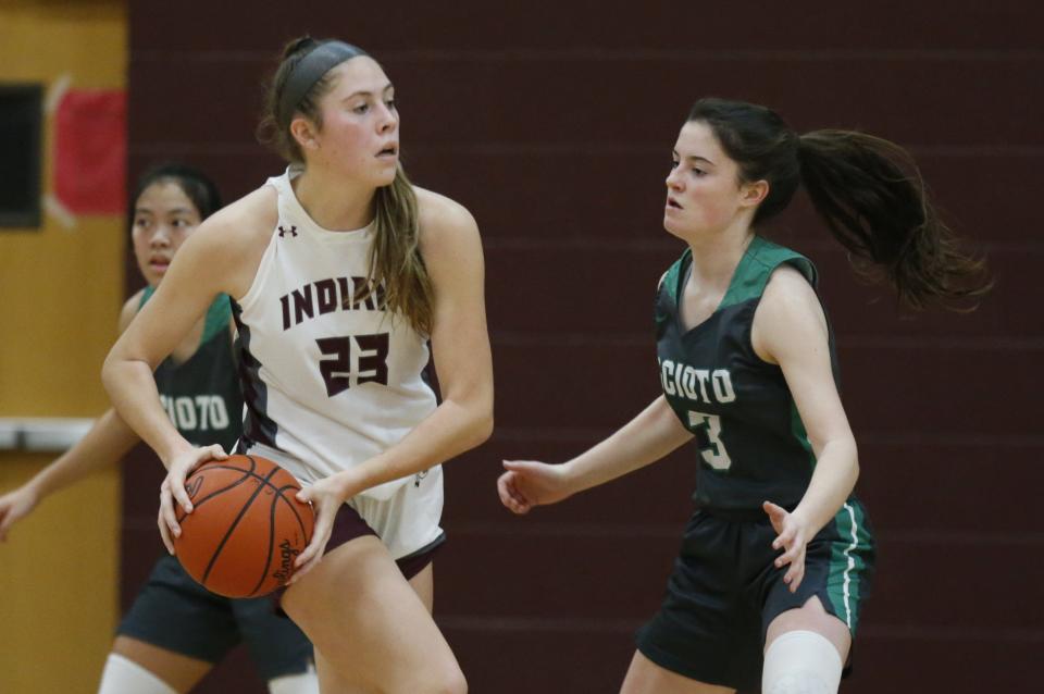 Canal Winchester's Kate Ratliff (23) works against Dublin Scioto's Erika Lytle (3) during the first half of a girls basketball game at Canal Winchester  High School Friday, Dec. 10, 2021. 