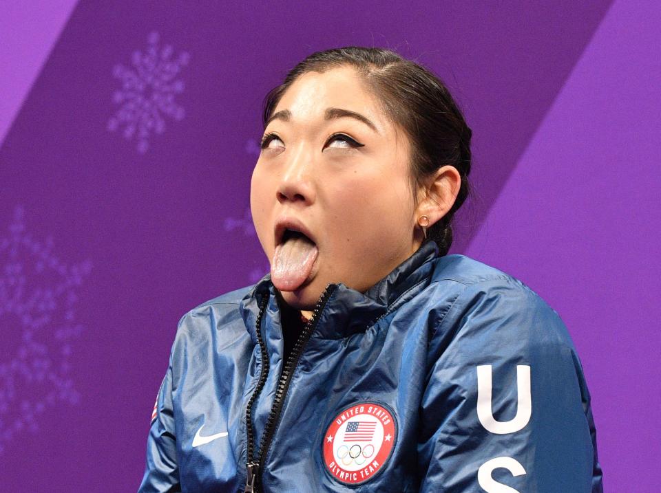 Mirai Nagasu reacts after her performance in the women’s short program at the Winter Olympics. (Getty)