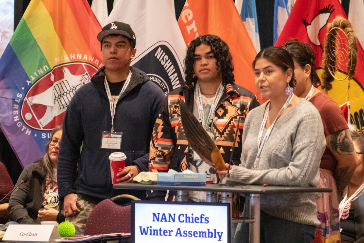 Youth delegates were among those speaking at the Nishnawbe Aski Nation (NAN) winter chiefs' assembly in Thunder Bay, Ont., on Thursday. (Sarah Law/CBC - image credit)
