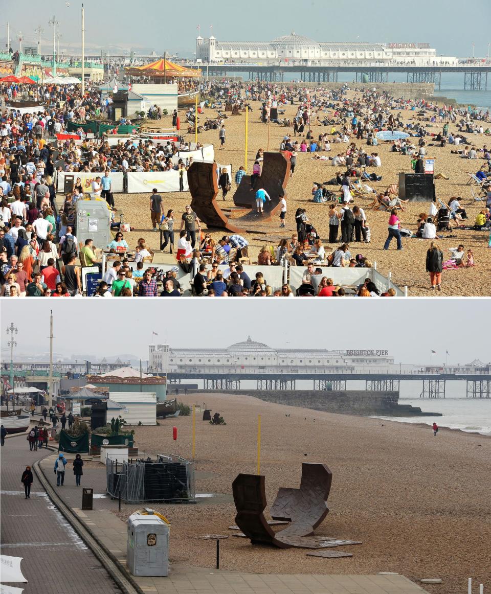 Sunbathers pack Brighton beach (top) on March 24, 2012, while the beach is deserted a year later due to cold weather (bottom) (PA)