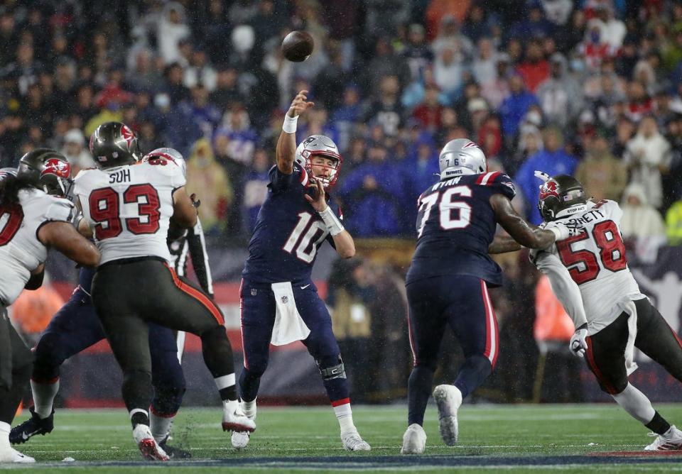 Patriots quarterback Mac Jones throws a pass during the fourth quarter.