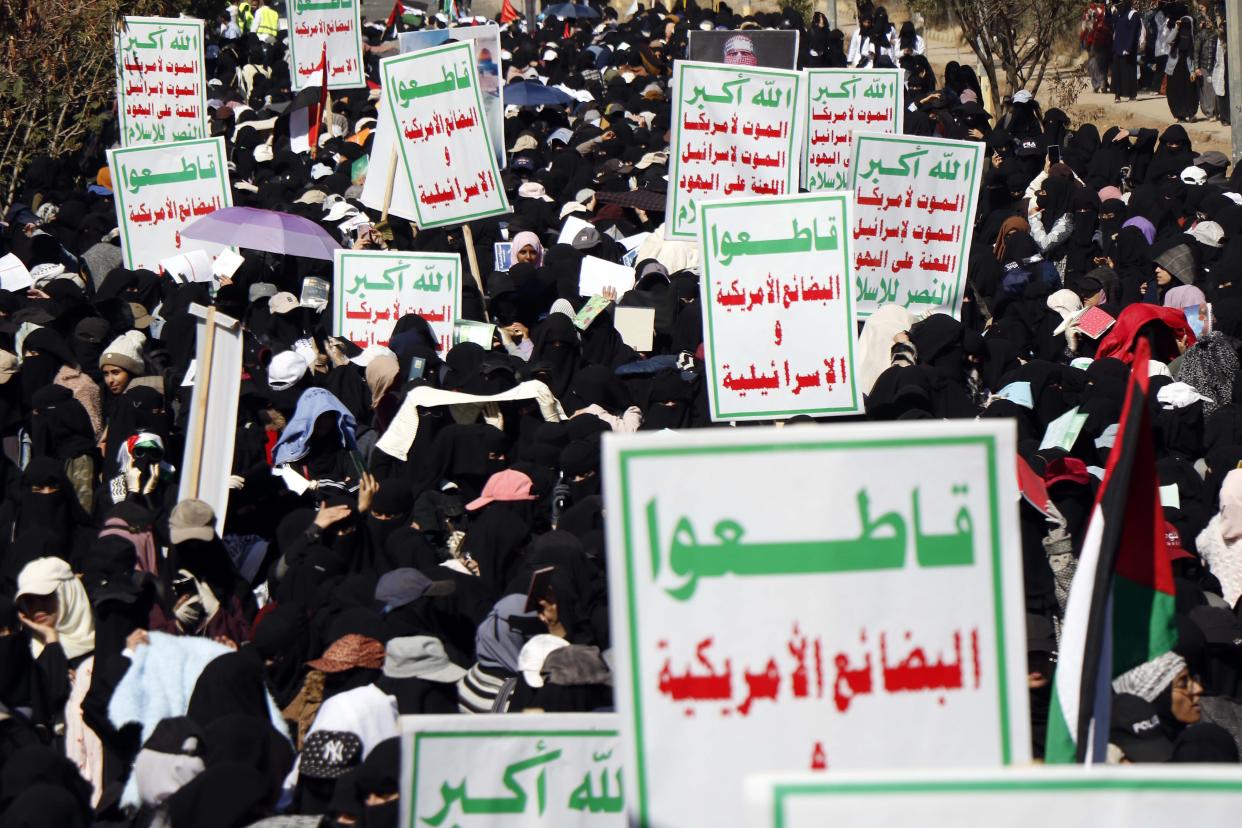 Sana'a University students stage a protest against US and UK attacks on Yemeni Houthis in Sanaa, Yemen (Anadolu via Getty Images)