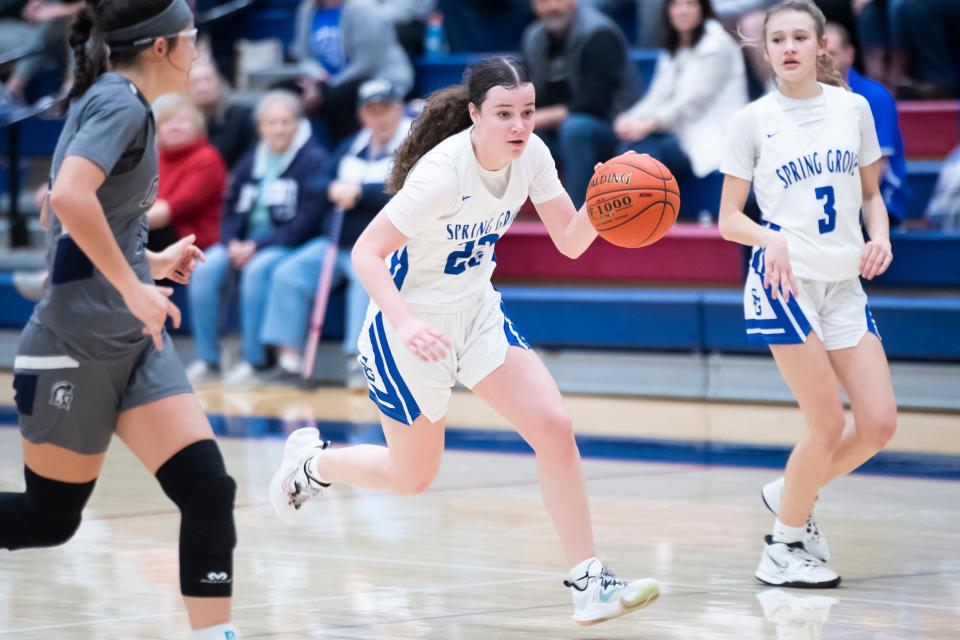Spring Grove's Leah Kale (22) drives down the court during a non-league basketball game against Chambersburg on Wednesday, January 4, 2023, in Jackson Township. The Rockets won, 57-45. 