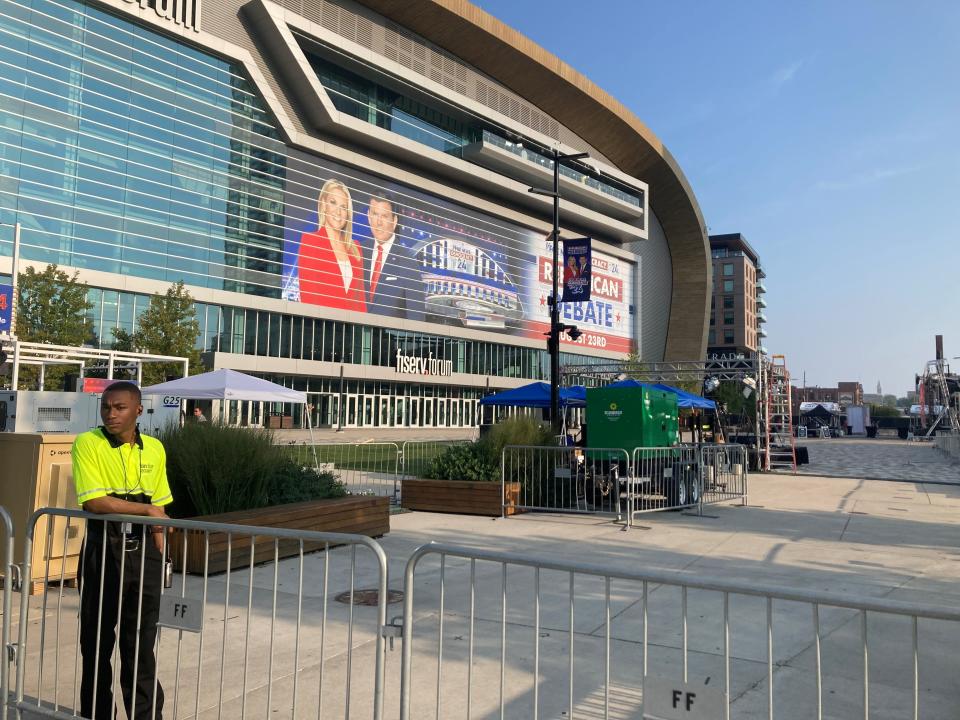 Fences surround the plaza outside Fiserv Forum Wednesday morning ahead of the Republican presidential primary debate.