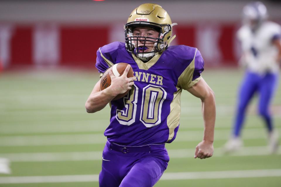 Winner RB Riley Orel (30) rushes the ball during their 11B State Championship game against the Bridgewater-Emery/Ethan Seahawks. Winner won, 40-8.