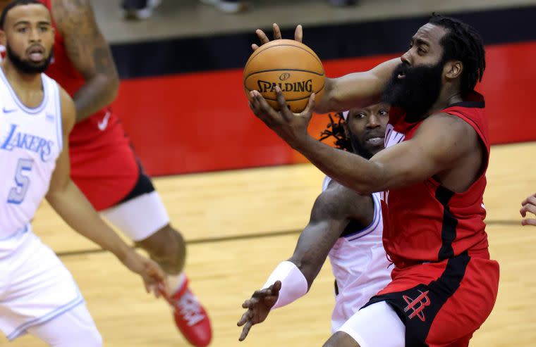 哈登(James Harden)出走引發四隊交易。法新社