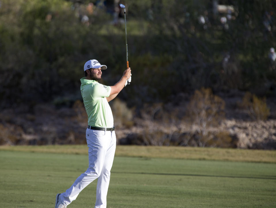 Peter Uihlein watches a shot from the 18th fairway during the second round of the Shriners Hospitals for Children Open golf tournament at TPC at Summerlin in Las Vegas on Friday, Nov. 2, 2018. (Richard Brian/Las Vegas Review-Journal via AP)