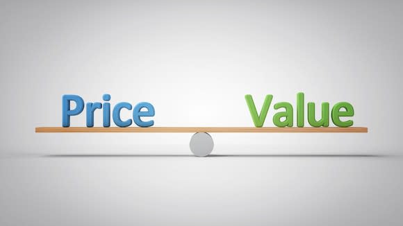 The words price and value on a seasaw