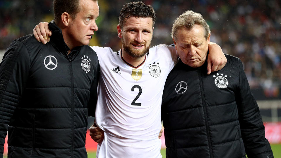 Germany’s resounding win over Azerbaijan was marred by injuries to Shkodran Mustafi.