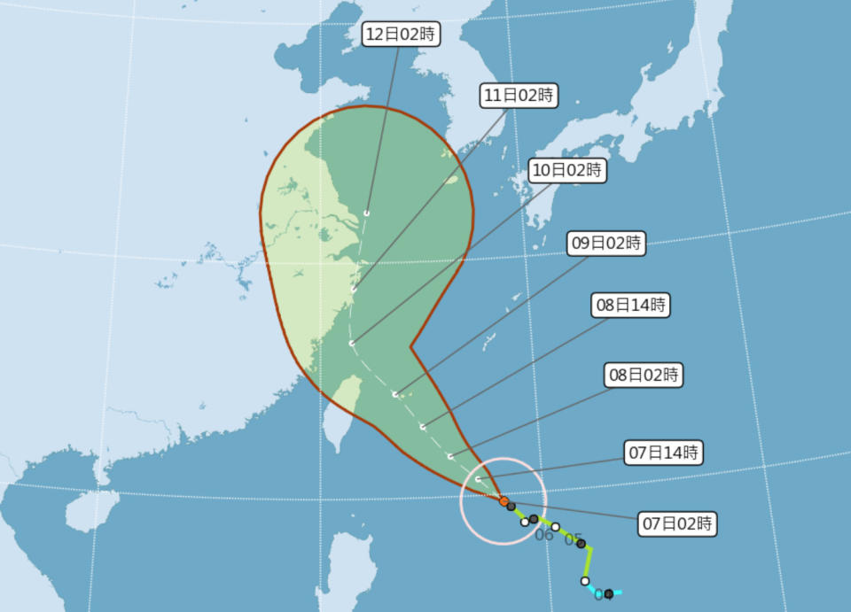 利奇馬今（7）日將增強為中颱，受外圍環流影響，大台北和宜花東會下雨，愈晚雨勢愈明顯，有局部較大雨勢發生機率，預估今中午前後發海警，深夜或明日凌晨恐發陸警，明日下半天至後天一整天影響最大。（圖片來源：中央氣象局，下同）