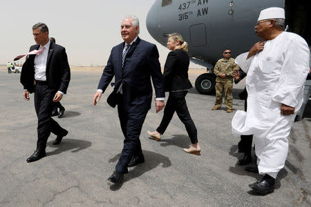 U.S. Secretary of State Rex Tillerson arrives at N’Djamena International Airport in N'Djamena, Chad, March 12, 2018. REUTERS/Jonathan Ernst